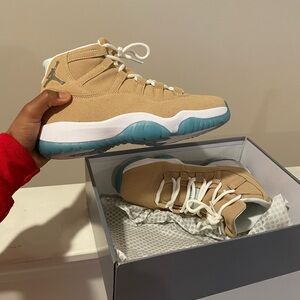 Jordan Tan and White Sneakers with Blue Soles